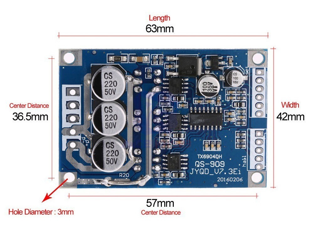 Børsteløs Motor Driver Board 500w DC12v-36v Hall BLDC - Billede 4