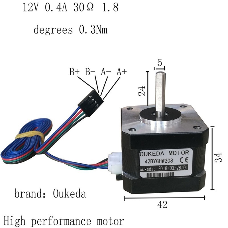 Nema 17 stepmotor 1,8 grader 42mm 0,4A 12V 42BYGHW208 - Billede 3